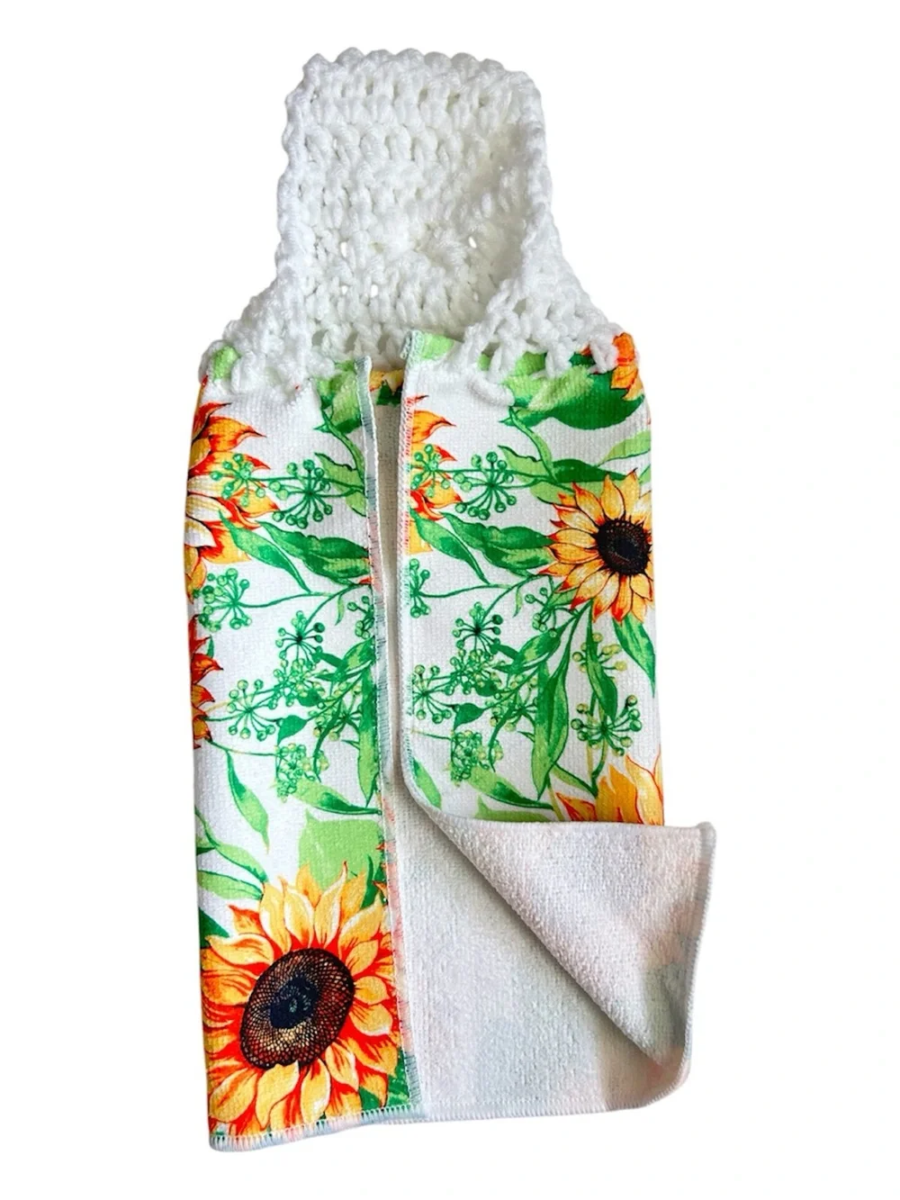 Hand Crafted Sunflower Hanging Kitchen Towels - White, Yellow & Green